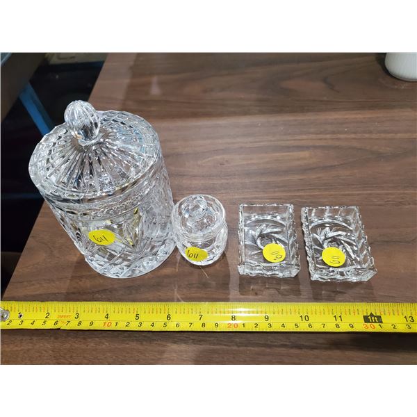 4 PIECES OF CRYSTAL -2 LIDDED JARS, 2 ASHTRAYS