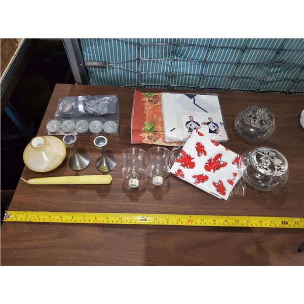 LOT OF HOUSEHOLD -CANDLES, NAPKINS, POTPOURRI HOLDERS, ETC