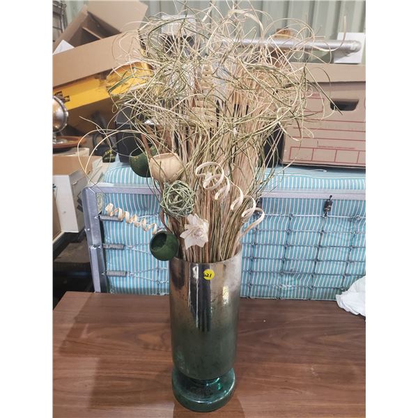 GREEN GLASS VASE W/ DECORATIVE STICKS