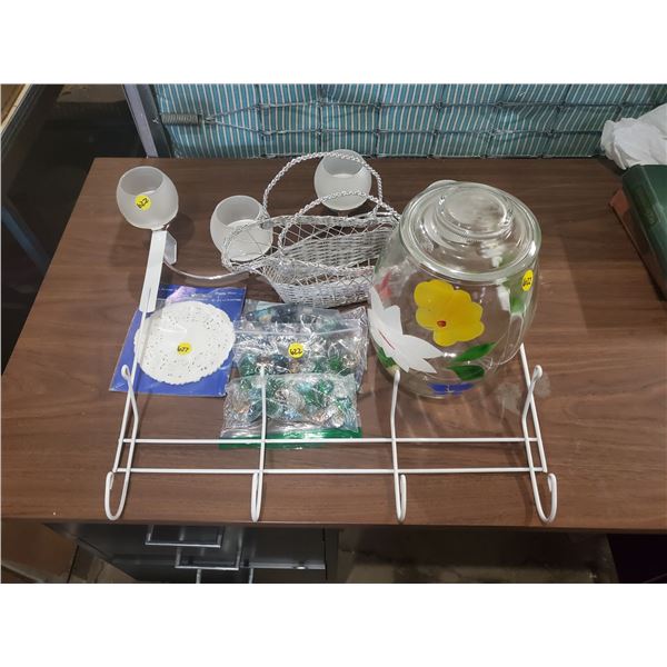 HOUSEHOLD LOT -PAINTED JAR, TEALIGHT HOLDER, OVER DOOR HANGER, DECORATIVE ROCKS