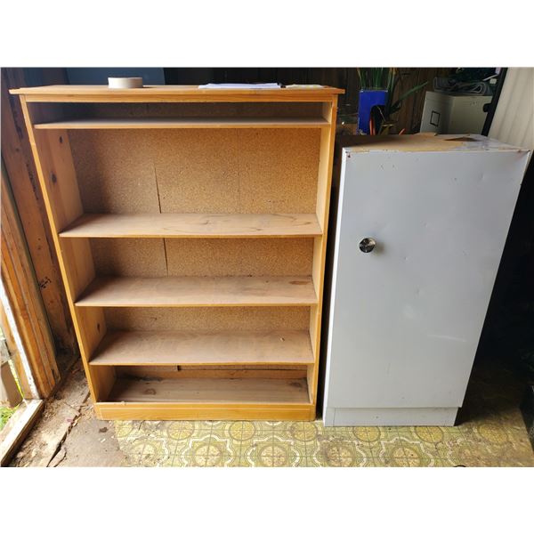 METAL CUPBOARD 39.5"h X 19"w & WOODEN SHELVING 45.5"h X 34"w