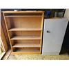 Image 1 : METAL CUPBOARD 39.5"h X 19"w & WOODEN SHELVING 45.5"h X 34"w