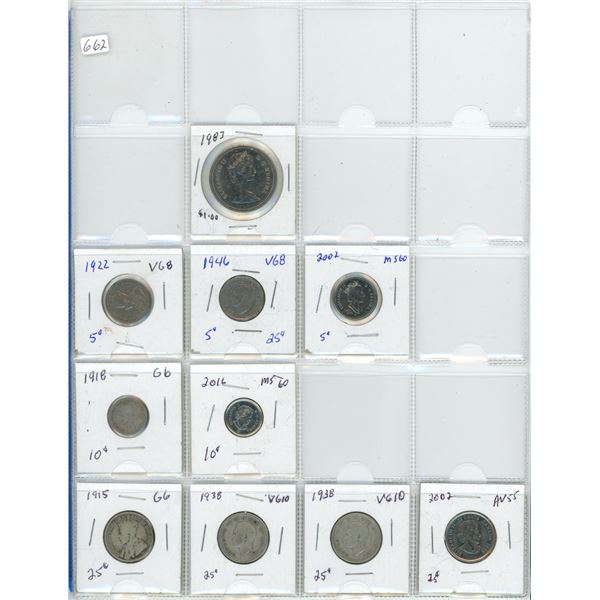 page of coins 1915 to 2002 Canada dollar 1$ coin quarter nickel dime .25 .10 .05