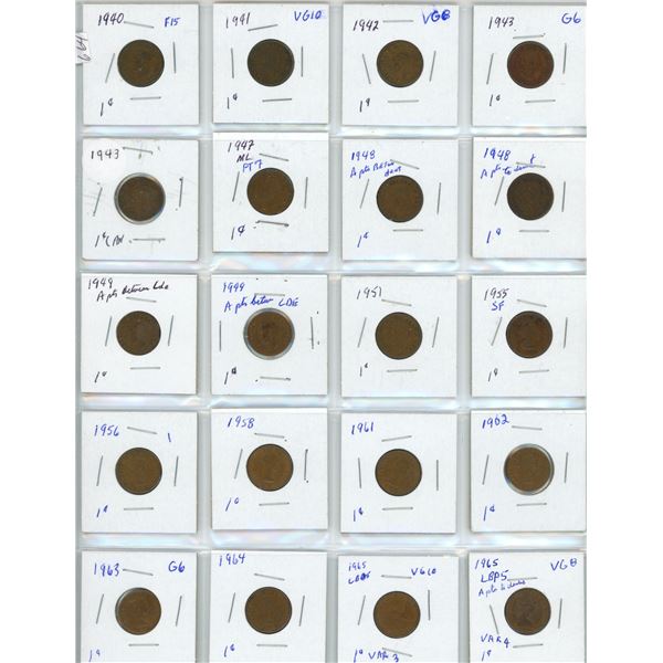 page of coins 1940 to 1973 pennies Canada coin cent