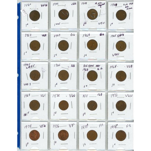 page of coins 1941 to 1978 pennies Canada coin cent