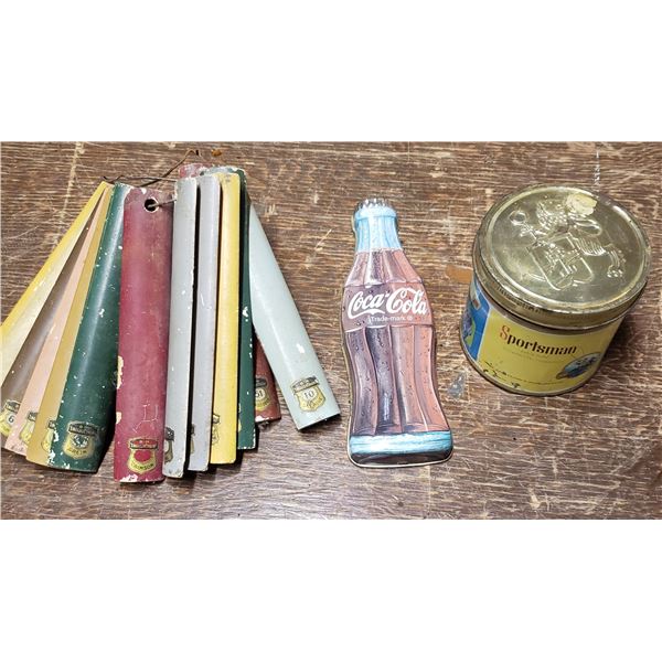 collector cans Coca Cola, Tobacco can sportsman, wooden color swatches