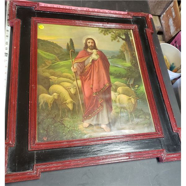 religious picture Jesus tending to lambs sheep framed black and red approx. 26" x 24"