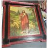 Image 1 : religious picture Jesus tending to lambs sheep framed black and red approx. 26" x 24"