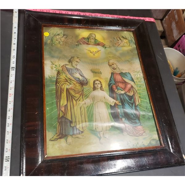 religious print framed dark would frame young Jesus Mary and Joseph approx. 24"x20"