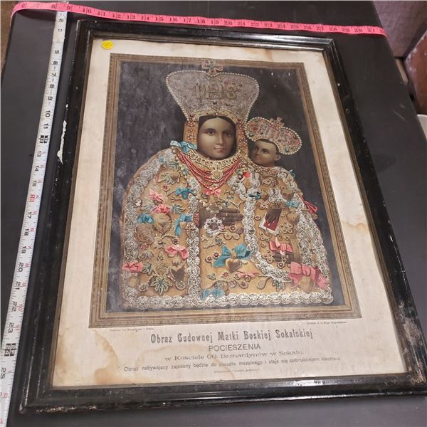 religious print framed Polish water damaged Approx. 24" x 19"