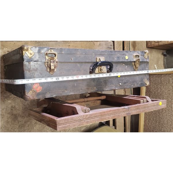 antique medium size trunk and collapsible small table with water damage