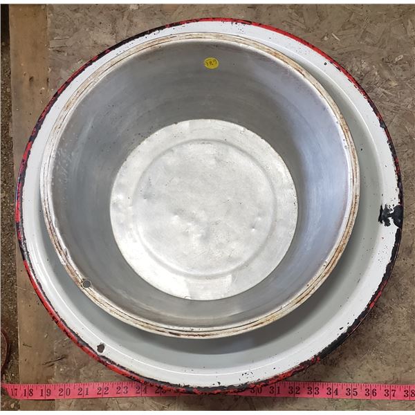 two large bowls one enamel one aluminum