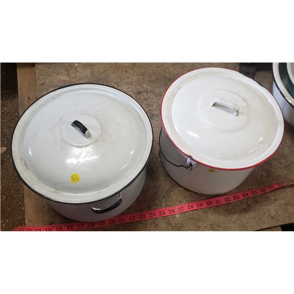 two large enamel pots with lids white