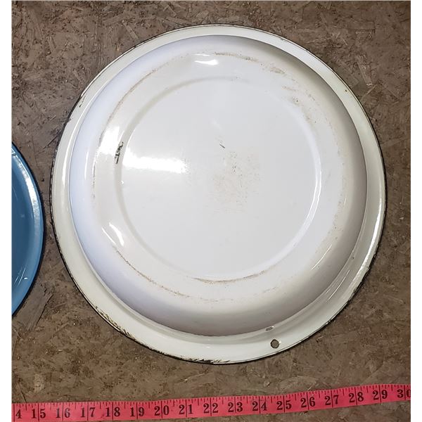 two large enamel bowls blue and white