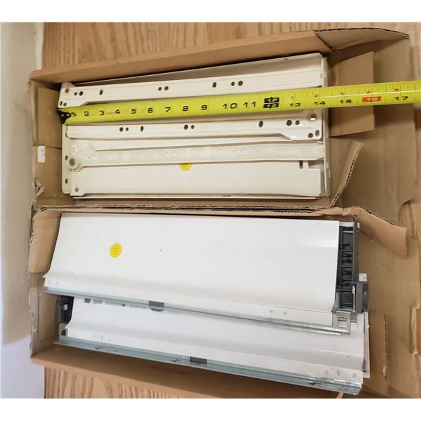 lot of assorted drawer parts pulls sides tandem box parts slides etc.