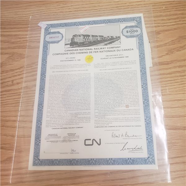 $1000 dollar bond with CNR Canadian National Railway 1986