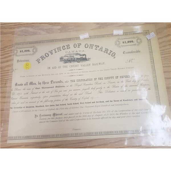 $1000 debenture in aid to construct the Credit valley Railway  issued in 1873 railway collector