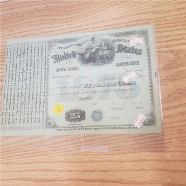 1875 revenue collected by US government to sell cigars