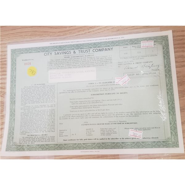 shares in City Savings and Trust Co 1974