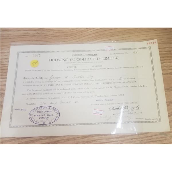 100 shares in with Hudson Consolidated ltd 1923