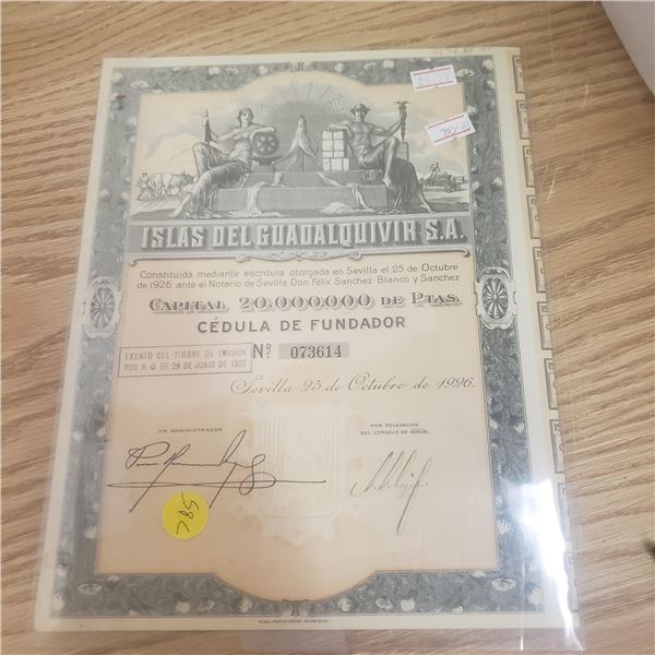 shares in Spanish Co Islas Del Guadalquivir SA 1926