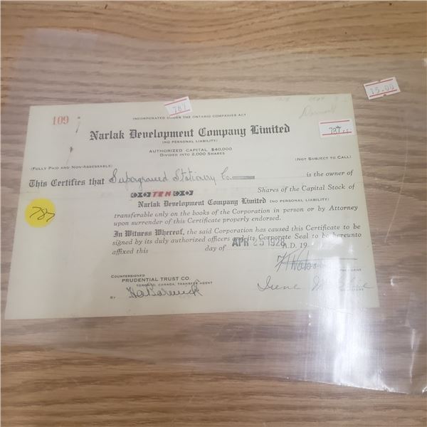 2000 shares of Narlak Development Co 1982