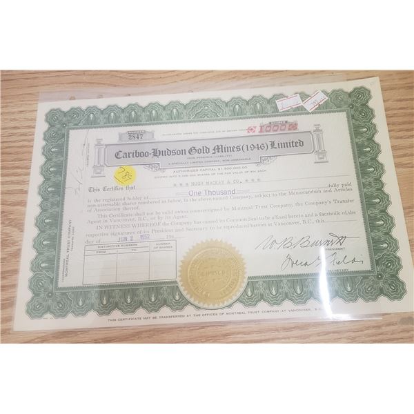 1000 shares payment from Cariboo-Hudson gold Mines (1946) 1952