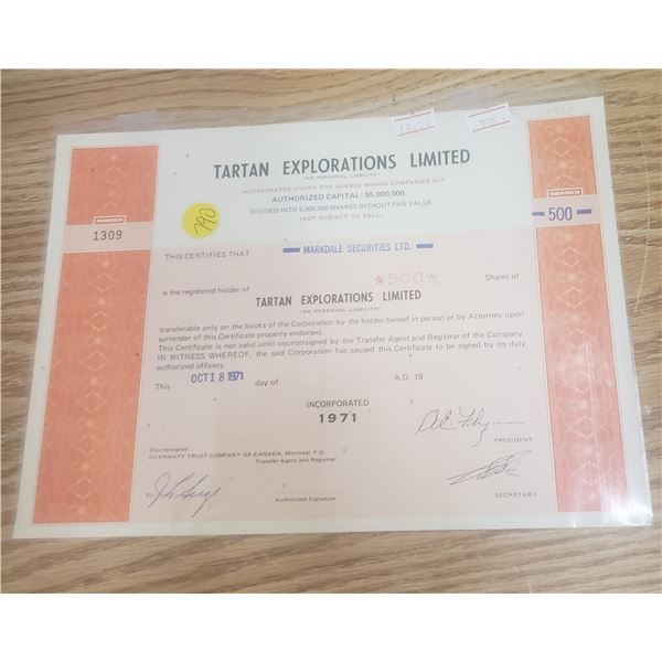 500 shares 1971 Tartan Explorations LTD
