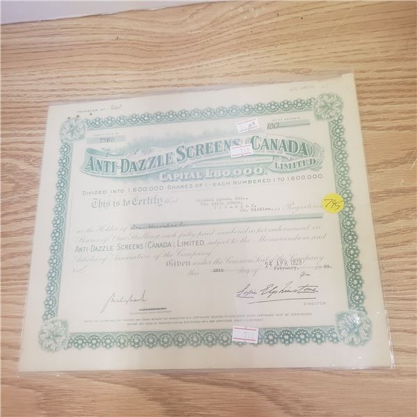 1928 100 shares Anti Dazzle Screens of Canada