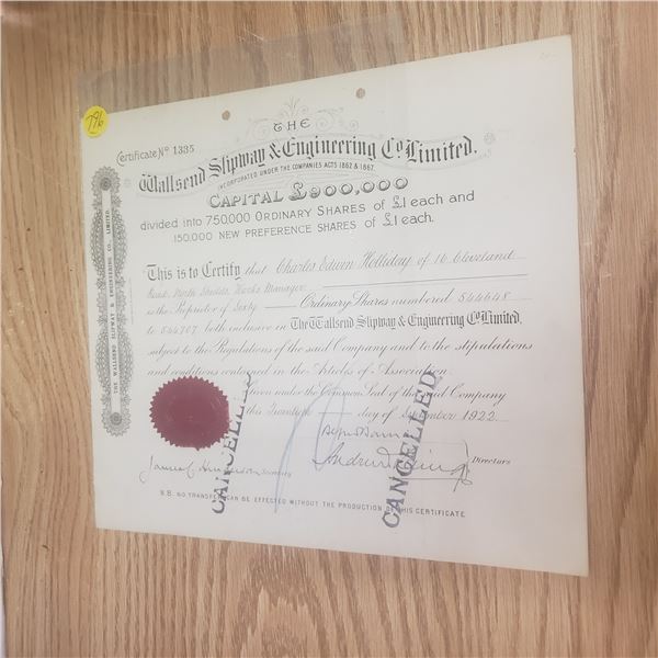 1922 60 shares of Callsend Slipman and Engineering Co ltd