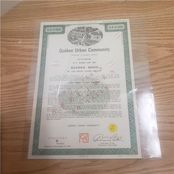 1975 Bearer Bond Purchased by Quebec Urban Community