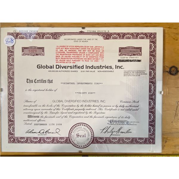 Stock Certificate Global Diversified Industries, Inc.  No face value.