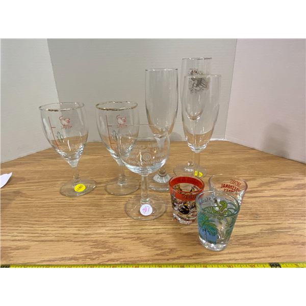 Assortment cocktail glasses 3 flute, 3 wine, and 3 shot glasses