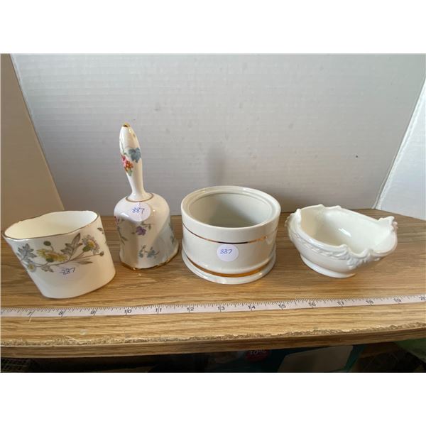 Small vase, Small Dish, Bell, Sugar bowl Vase and Small dish are bone china made by Coalport, Englan