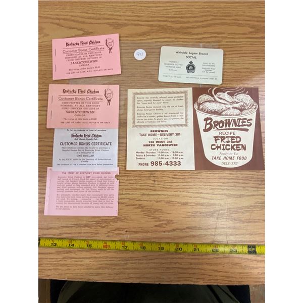 4X KFC Memorabilia Including “Brownies Fried Chicken “ Menu, North Vancouver