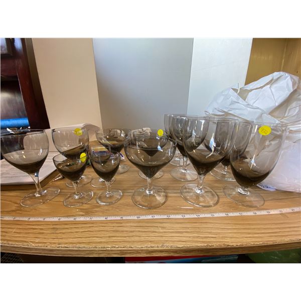 15 Smoky grey crystal glasses with clear stems 4 goblets, 3 Ice Beverage glasses, 3 sherry glasses, 