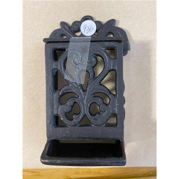 Vintage Black Cast Iron Match Stick Holder Hanging Wall Mount Taiwan, in good condition.