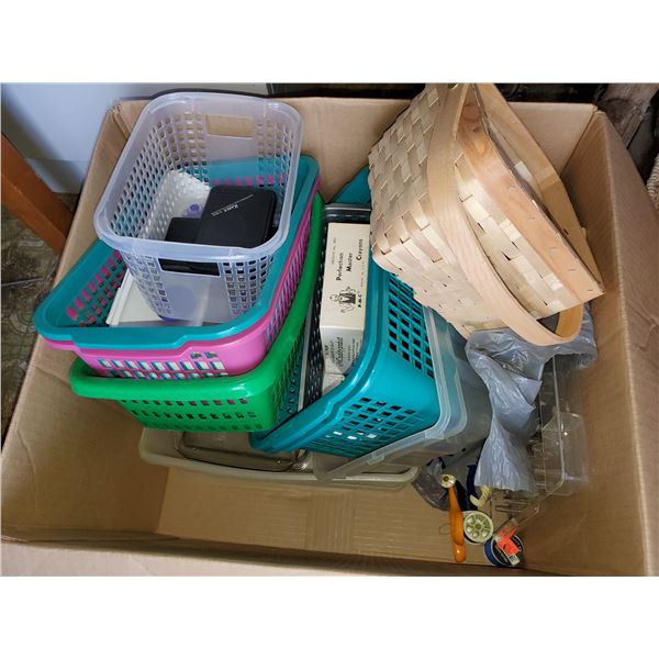 BOX OF BASKETS & SEWING SUPPLIES