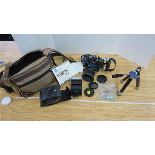 Minolta Maxxum Auto Camera Outfit with Flash, Tripod, Manuals and Camera Case