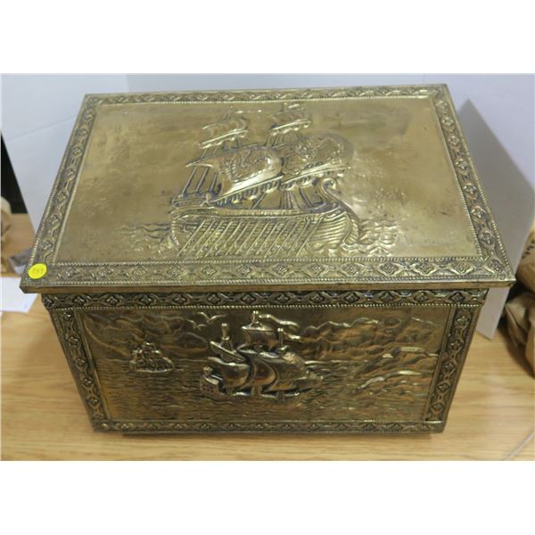 Vintage Brass and Wood Kindling Box