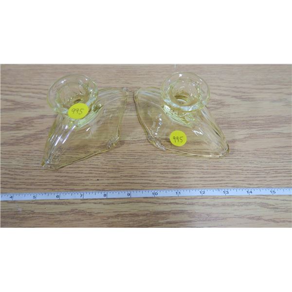 Pair Yellow Ware Candlestick Holders