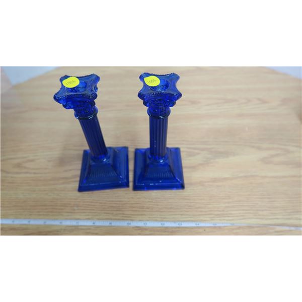 Pair of Vintage Blue Glass Candlestick Holders