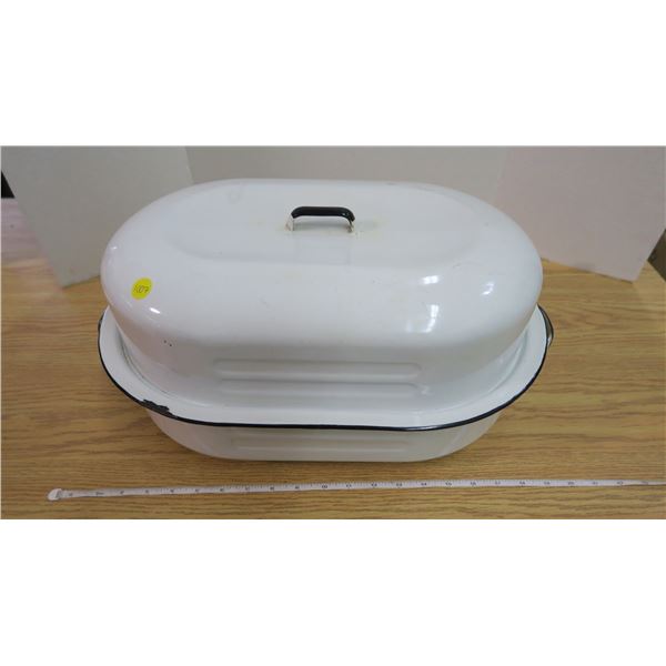 Vintage White and Black Enamelware Roaster - nice condition