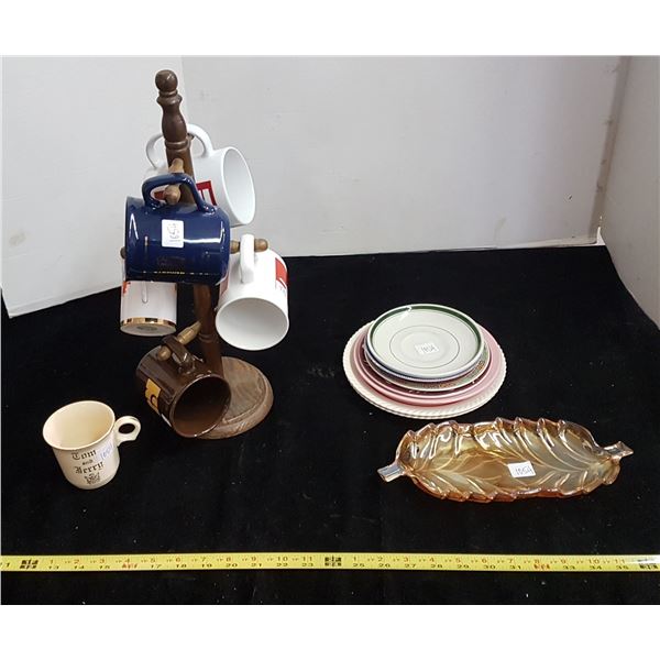Coffee cups on stand & misc plates
