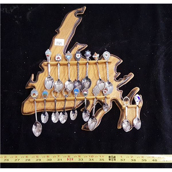 17 Souvenir spoons with rack