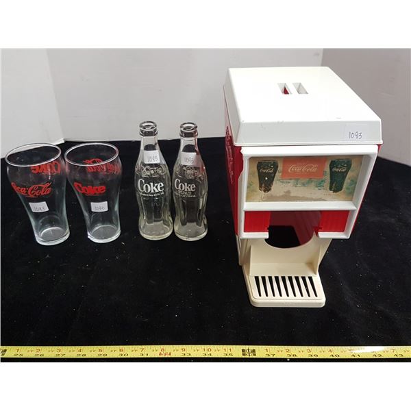 Coca Cola glasses, bottle & 1956 toy drink dispenser