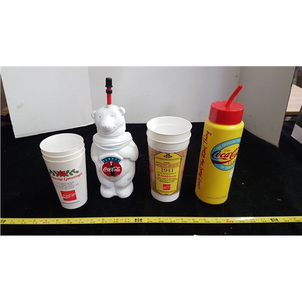 Set of 3 Coca-Cola santa glasses & 2 plastic drink glasses with straws