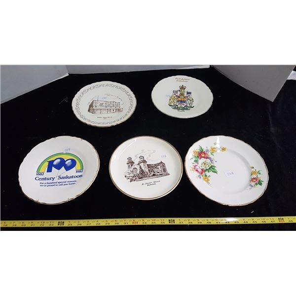 Five plates with advertising