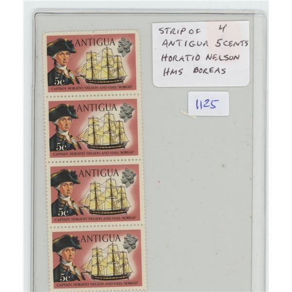 Strip of 4 Antigua 5 Cents Stamps. Horatio Nelson and his ship HMS Boreas. Mint.