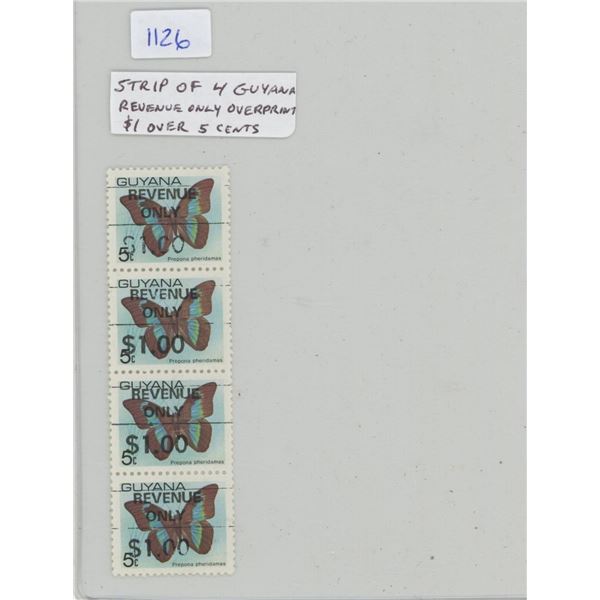 Strip of 4 Guyana stamps. They were originally 5 Cents stamps but have been overprinted REVENUE ONLY